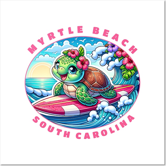 Myrtle Beach South Carolina Girls Cute Surfing Sea Turtle Wall Art by grendelfly73